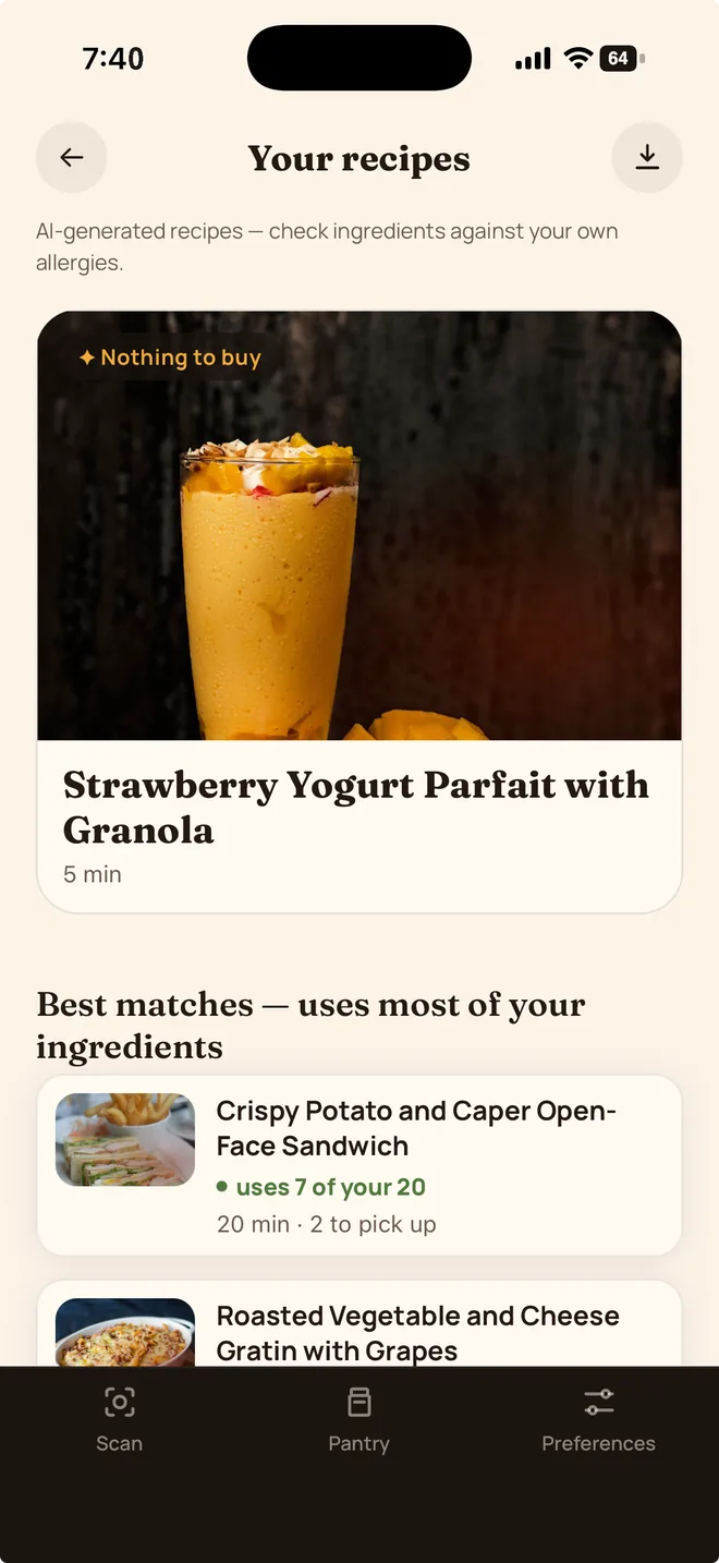 Pomara's recipe suggestions built from your ingredients