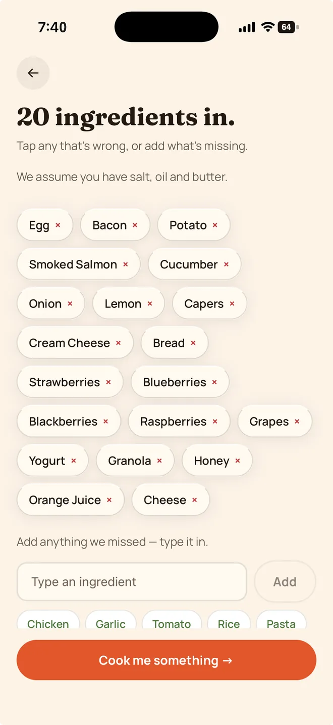 Pomara screen listing ingredients found, ready to edit
