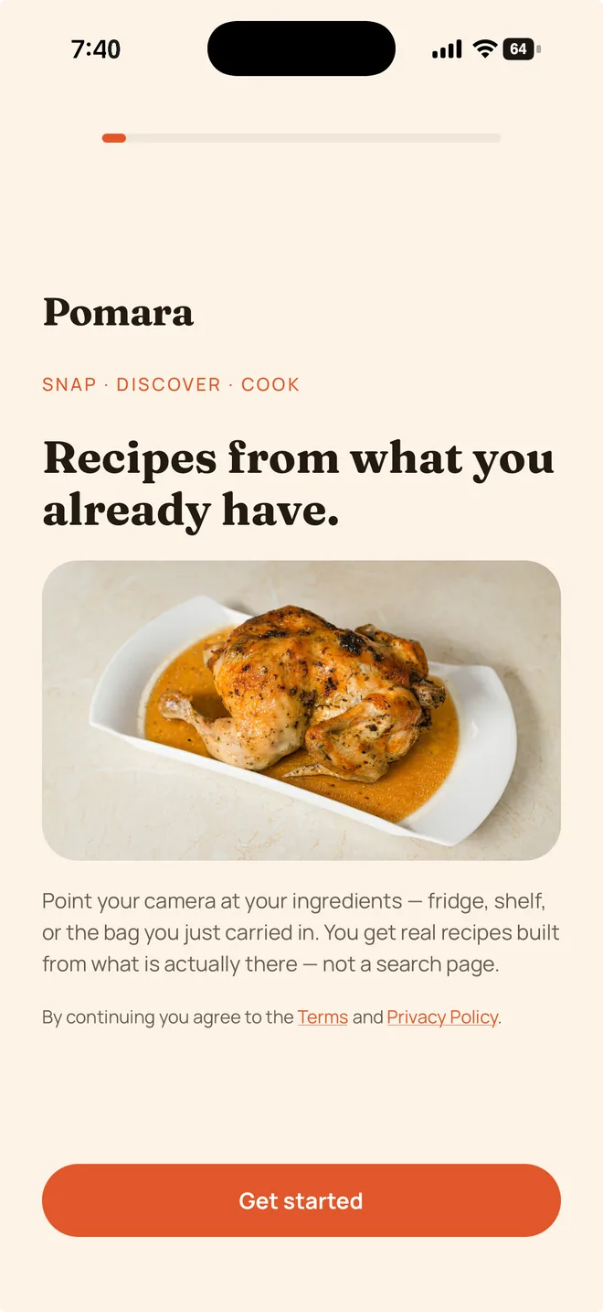 Pomara welcome screen: Recipes from what you already have